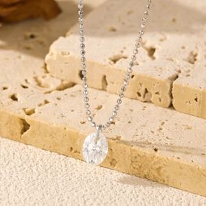 S925 silver beaded necklace with oval moissanite pendant on natural stone base