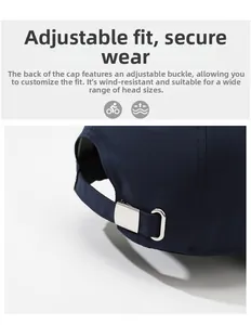 Detail of adjustable silver metal buckle on navy baseball cap for custom fit and wind stability