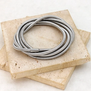 Detail showing the intricate texture of the silver snake chain and its cylindrical clasp