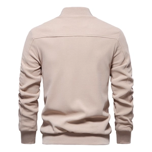 Men's slim fit stand collar beige waffle knit jacket showing detailed back view texture