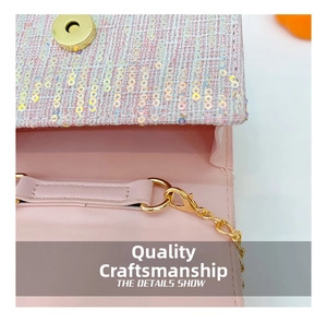 Detail of pink sequin tweed girl's bag showing magnetic closure and interior lining