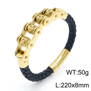 Detail of gold skull leather bracelet with dimensions showing 220x8mm and 50g weight