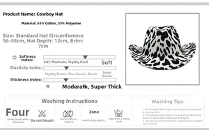 Detailed size chart and material guide for cow print felt western cowboy hat