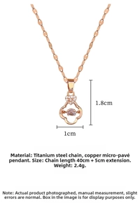 Detail of rose gold clover necklace with purple stone and micro-pave diamond pendant