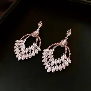 Vintage wheat fringe earrings with pink and clear rhinestones in silver finish