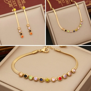 Stainless Steel Colorful Round Rhinestone Gold Plated Flat Snake Chain Herringbone Fashion Jewelry For Women