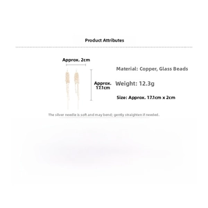 Detail view of 17.1cm crystal bead fringe earrings with dimensions and material info