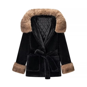 Women's black faux fur coat with brown fur collar and belted waist in a flat lay view