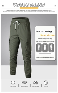 Dettaglio dei pantaloni cargo verde militare con vita elastica e tasche laterali