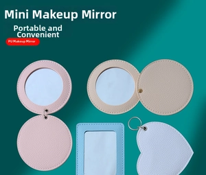 Assorted mini portable makeup mirrors in round, heart, and rectangular PU leather cases