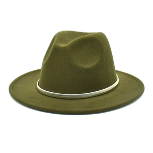 Detail of army green wool felt fedora hat featuring a stylish silver-white decorative band