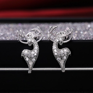 Silver elk stud earrings with white zircons for women, minimalist reindeer jewelry gift