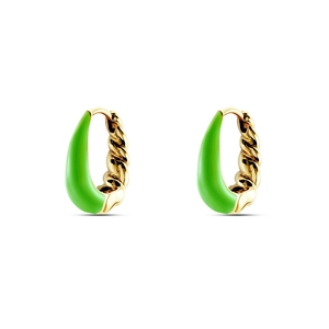 Detail view of U-shaped gold hoop earrings with twisted texture and bright green enamel finish