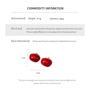 Detailed size chart for red enamel apple earrings showing 1cm dimensions and 4.1g weight