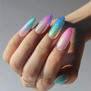 Colorful Gradient Press On Nails Glitter Almond Long Stiletto Cat Eye Effect Shimmering False Nails Plastic Manicure