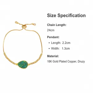Detail of 18K gold plated copper bracelet with adjustable slider and teardrop druzy stone