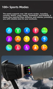Detail view of the smartwatch showing 100 plus sport modes for running and hiking