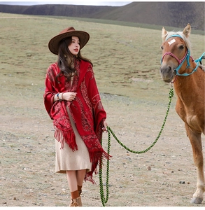 Dettaglio dello scialle etnico rosso con frange e motivi floreali paisley eleganti