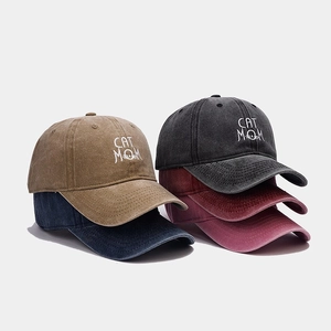 Vintage washed cotton baseball caps with CAT MOM embroidery in four assorted colors