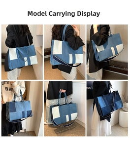 Detail view of large patchwork denim tote bag shown with multiple carrying styles