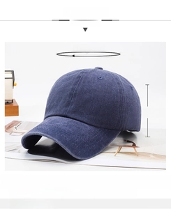 Detail showing deep blue cotton baseball cap dimensions and classic six-panel design