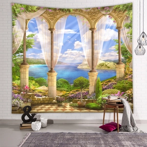 Detail of wall tapestry showing European balcony ocean view with white curtains and flowers
