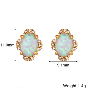 Macro shot of 18K gold-plated opal earrings with diamond halo and 11mm size details
