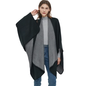 Women's Reversible Imitation Cashmere Shawl Wrap Oversized Split Poncho Cape With Overcast Stitching For Autumn Winter Warm