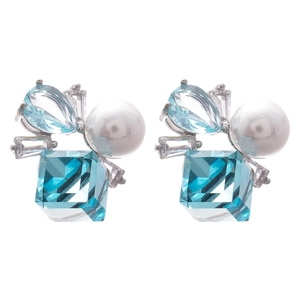 Silver needle geometric square stud earrings with blue crystal and white pearls