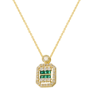 Detailed close-up of a luxury gold square pendant with vibrant green gemstone and zircons