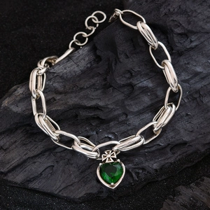 Vintage Copper Green Zirconia Heart Bracelet For Women Gothic Cross Crown Pendant Silver Color Niche Design Hand Jewelry