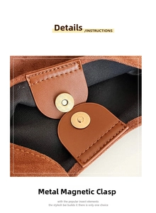 Close-up of circular metallic magnetic closure on caramel suede leather tote bag