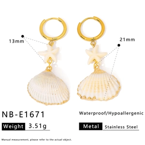 18K gold plated stainless steel starfish shell earrings with pearl sea elements