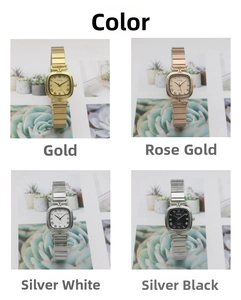 Detailed grid view of square quartz watches with slim metal bamboo style straps in four colors