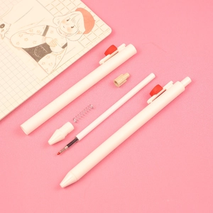 Detailed exploded view of a cream retractable gel pen showing internal spring and ink refill