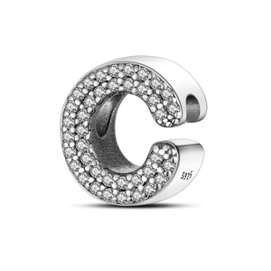 Silver S925 letter C charm with embedded crystals and engraved certification mark