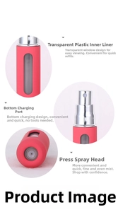 Detailed macro views of 5ml refillable perfume atomizer with bottom fill valve and nozzle