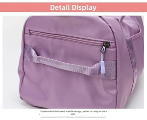 Close-up of durable purple travel bag featuring reinforced handles and metal zipper detail