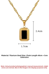 Detail showing titanium steel necklace dimensions with gold rectangle black stone pendant