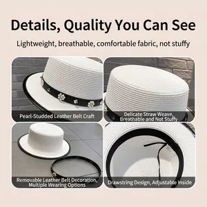 Cappello di paglia bianco elegante con cinturino in pelle e perle per donna a tesa piatta
