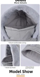 Close-up of light grey winter thermal hood with plush lining and windproof face mask