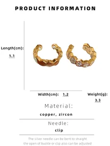 Detailed size specifications for gold C-shaped cuff earring with zircon measurements