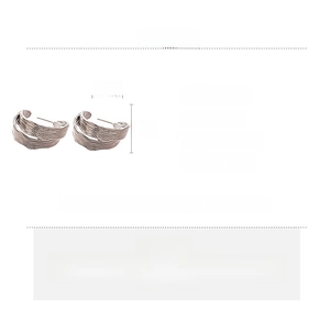 Detail specifications of silver-plated copper C-shape earrings with a crinkled metal texture