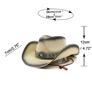 Détail du chapeau de cowboy en paille avec boucle turquoise et dimensions précises