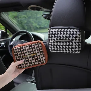 Houndstooth Tissue Box Holder Knitted Fabric PU Leather Hanging Car Headrest Cover Home Office Desktop Minimalist Decor