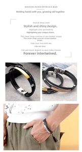 Detail of multi-layer braided leather bracelet with magnetic clasp and metal ID plate