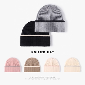 Winter Beanie Hat Ribbed Knitted Soft Warm Color Block Contrast Stripe Fold Over Cuff For Women Men Outdoor