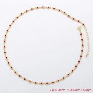 Detail of gold necklace with 4.5mm red zircon stones, 430mm length with 50mm chain