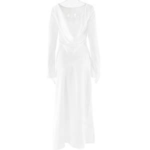 Detailed view of white satin long sleeve dress featuring an elegant draped cowl back design