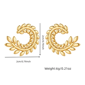 Gold leaf-shaped stainless steel earrings with dimensions and weight info